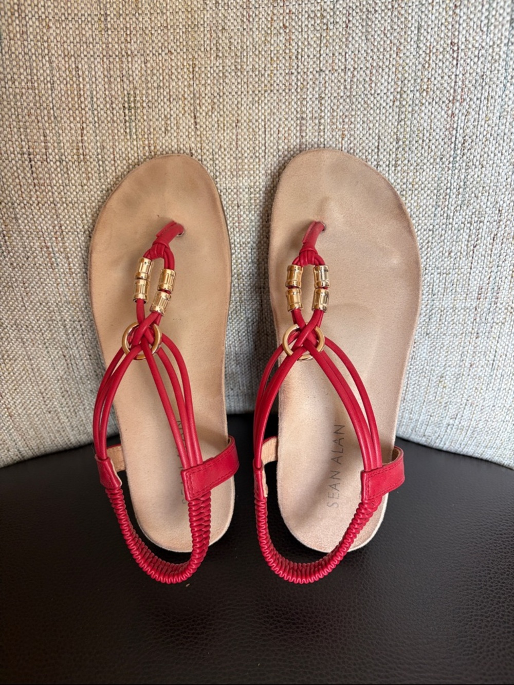 Red Leather Thong Sandals with Gold Accents - Women